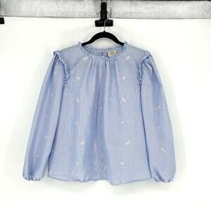 St John's Bay Blue and White Striped Daisy Embroidered Top - PL - Cottagecore